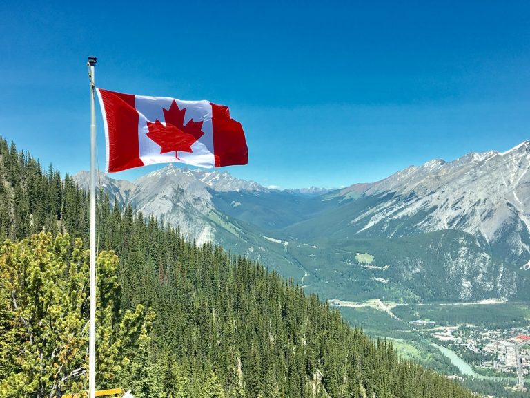 Canadian flag on the mountain scenery
