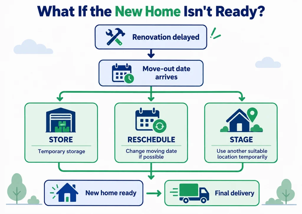 Options for temporary storage, rescheduling or staging when renovation runs past the move-out date