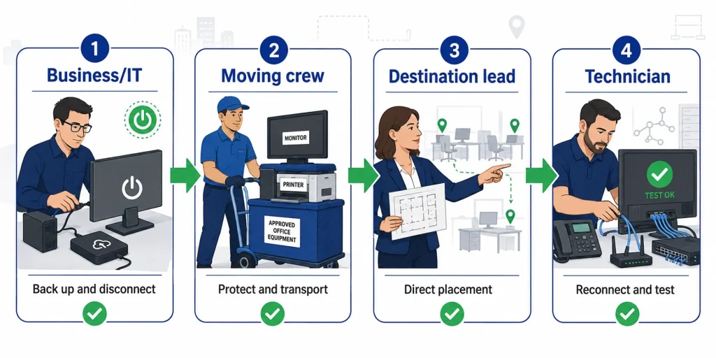Business/IT → Moving crew → Destination lead → Technician, showing who handles equipment at each stage