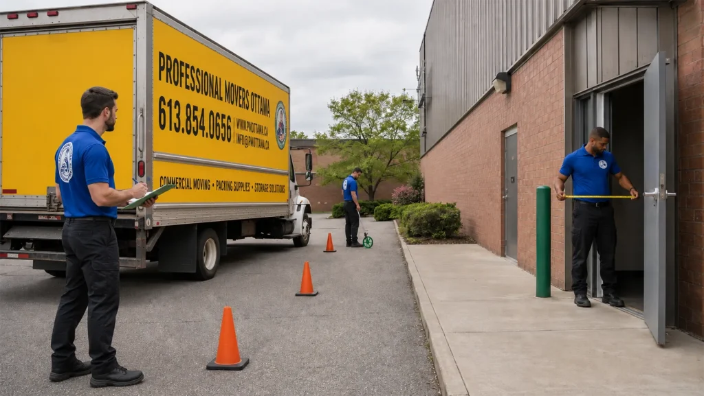 Crew checking truck parking, carrying distance, service entrance and doorway width