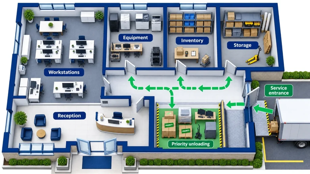 New-premises floor plan showing reception, workstations, equipment, inventory, storage and priority-unloading zones