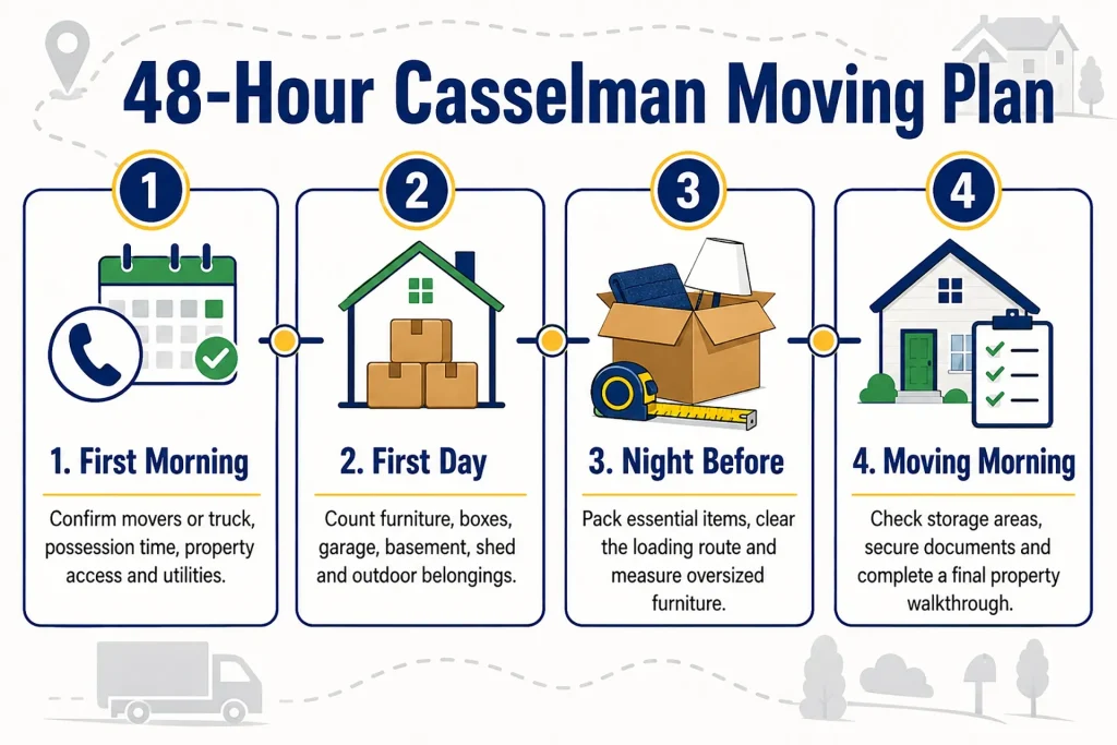 8-hour Casselman moving plan covering booking, inventory, packing and final property checks