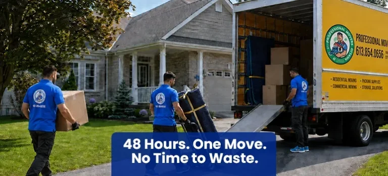 Movers loading a blue and green moving truck outside a detached Casselman home