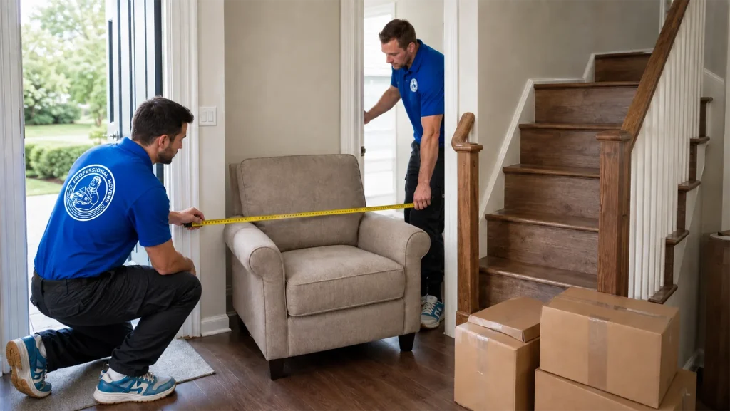 Movers measuring an armchair before carrying it through a doorway near the stairs