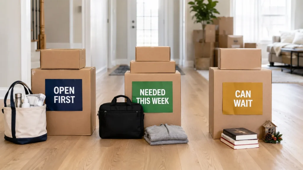 Moving boxes separated into open first, needed this week and can wait groups