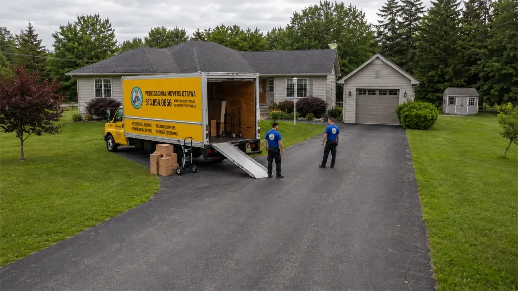Moving truck positioned near a long Casselman driveway, garage and storage shed