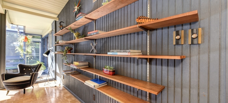 Books on shelves in a living room