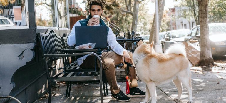 Man drinking coffee, working on his laptop and petting his dog