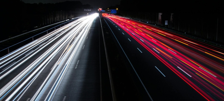 Light trails on a highway at night.