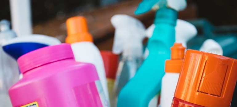 A bucket with cleaning supplies