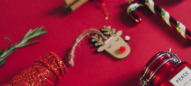Holiday decorations on a red surface