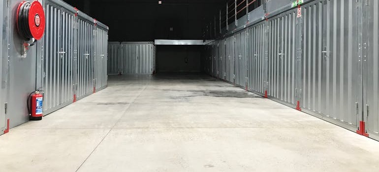 A hallway with storage units