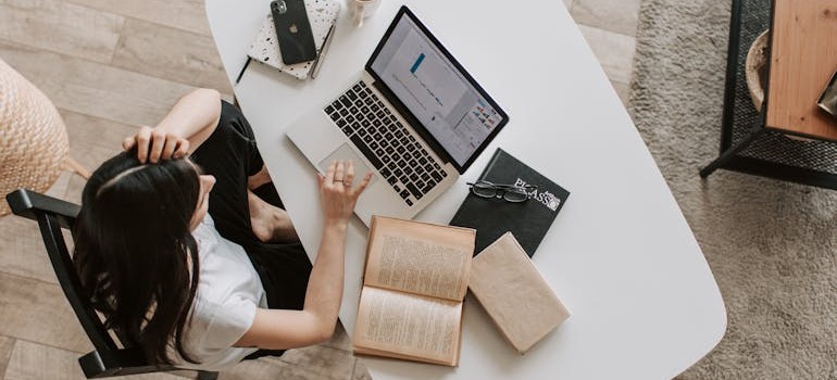 A woman working in her home office