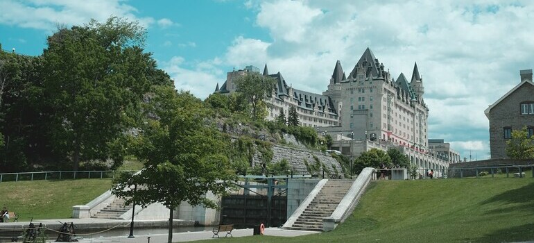 A view of stairs leading to a castle