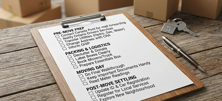 A comprehensive timeline displaying the essential moving checklist Ontario homeowners follow for a successful relocation.