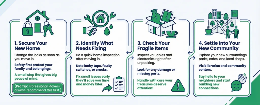 A prioritized checklist covering exactly what to do after moving into your new home to settle in efficiently.