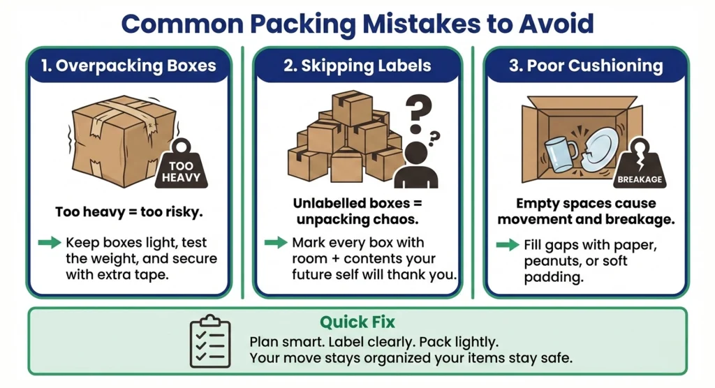 Improper box sealing and overloaded containers illustrating Common Packing Mistakes to Avoid during relocation.