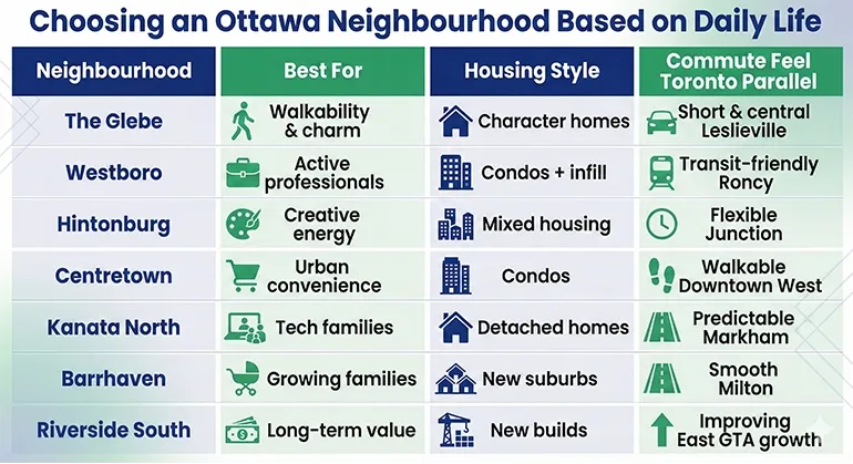 Comparison chart for choosing an Ottawa neighbourhood based on daily life factors like commute times, walkability, and family amenities vs just housing price.
