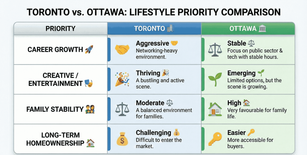 Infographic detailing the Toronto Vs. Ottawa Lifestyle Priority Comparison focusing on cost of living, career opportunities, and family work-life balance.