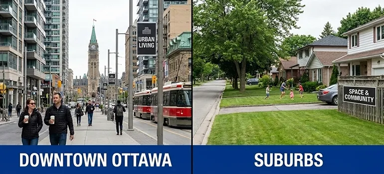 Lifestyle assessment guide comparing commute times and housing space to help professionals decide Is It Better to Live Downtown Ottawa or in the Suburbs.