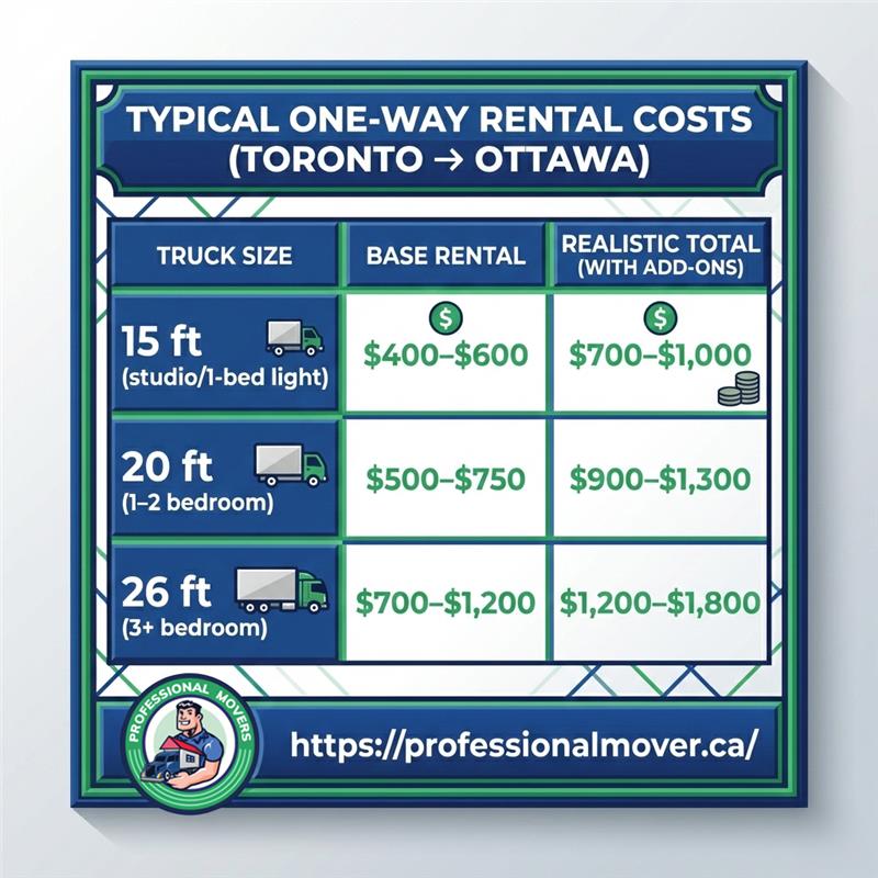 Comparative pricing chart detailing the average One-Way Rental Costs Toronto Ottawa to help movers budget for intercity transportation and drop-off fees.