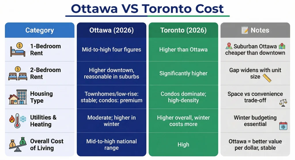 Financial breakdown chart illustrating the Ottawa vs Toronto cost difference in 2026, covering average housing prices, transit fees, and grocery expenses.