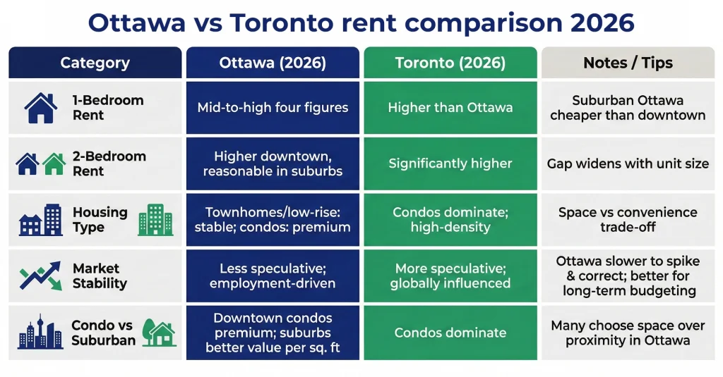 Infographic displaying Ottawa vs Toronto rent comparison for 2026, highlighting average 1-bedroom and 2-bedroom costs, vacancy rate trends, and housing market stability projections for Ontario renters.