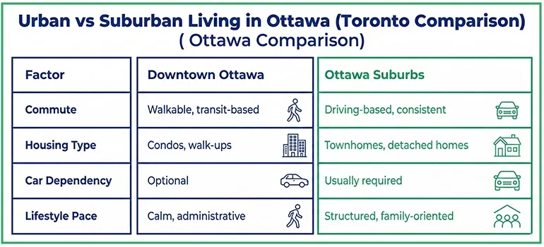 Side-by-side breakdown of Urban vs Suburban Living in Ottawa (Toronto Comparison) highlighting commute times, housing types, and lifestyle differences for movers.