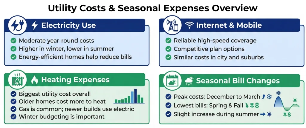 Homeowner calculating the average Utility Costs & Seasonal Expenses Overview to plan for winter heating and summer electricity spikes.