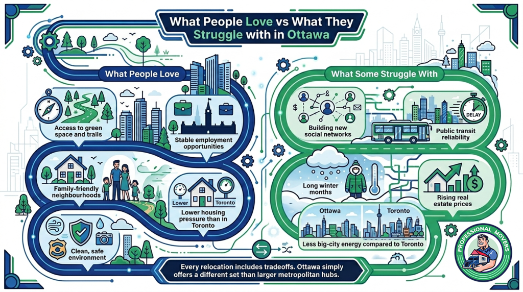 A comprehensive lifestyle comparison highlighting What People Love vs What They Struggle with in Ottawa to help new residents and professionals prepare for their relocation.