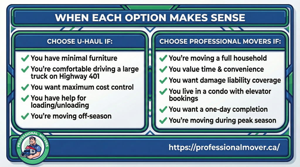 Strategic comparison chart evaluating different relocation methods to help users determine When Each Option Makes Sense for their specific budget, timeline, and needs.