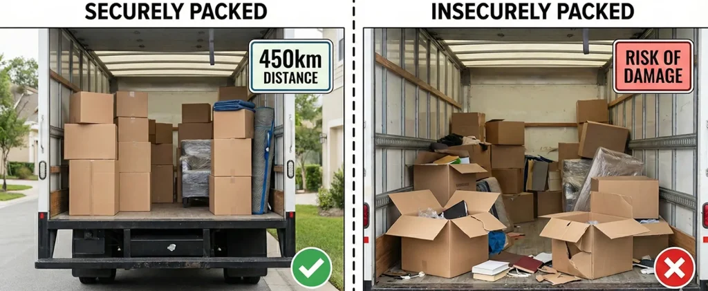 Professional wrapping and padding techniques demonstrating why secure packing matters for a 450km move to prevent vibration damage.