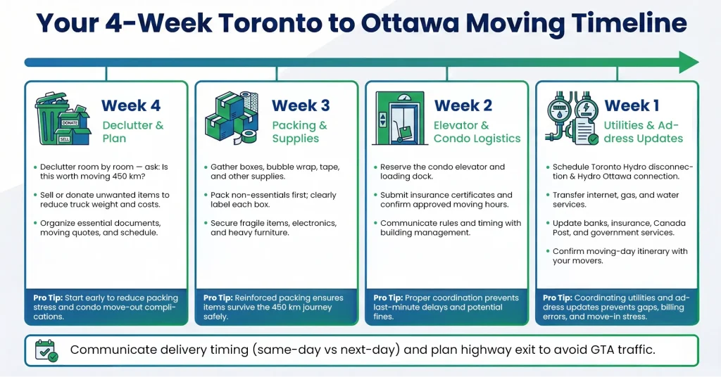 Your 4-Week Toronto to Ottawa Moving Timeline infographic detailing condo elevator bookings, utility transfers, and packing for a long distance move