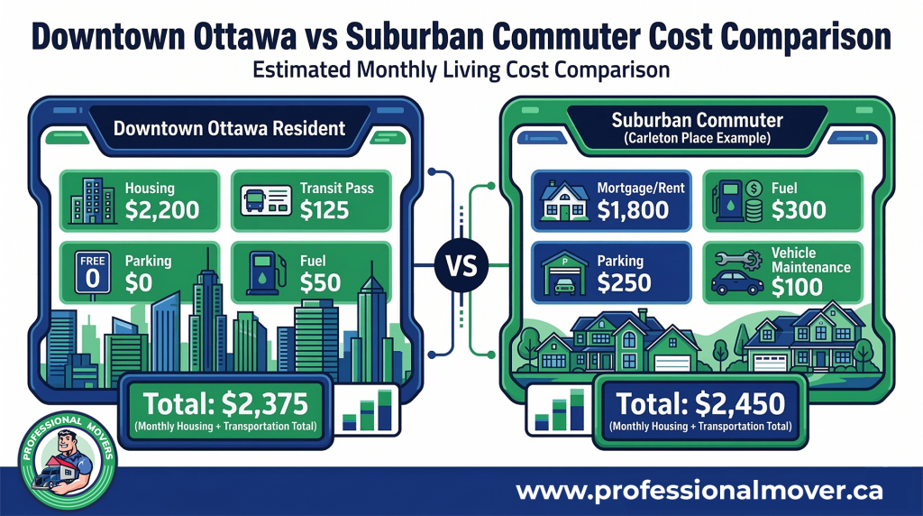 A detailed financial analysis featuring a Downtown Ottawa vs Suburban Commuter Cost Comparison to help families and professionals accurately plan their relocation budget.
