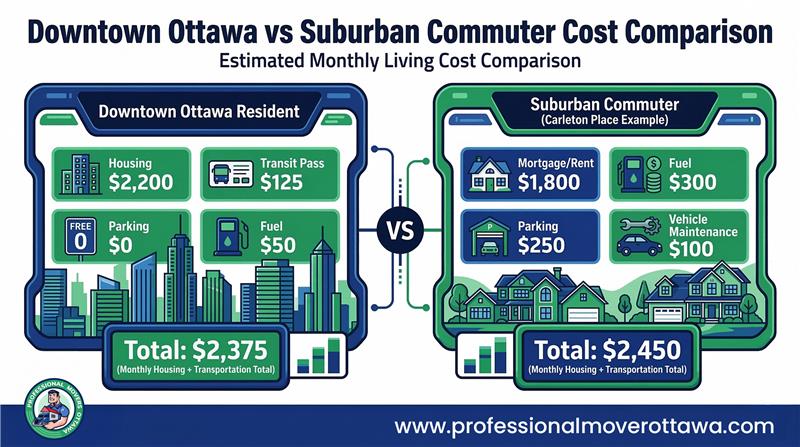 A detailed financial analysis featuring a Downtown Ottawa vs Suburban Commuter Cost Comparison to help families and professionals accurately plan their relocation budget.