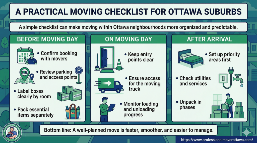 A comprehensive step-by-step moving checklist for Ottawa suburbs to help families organize packing, utilities, and transportation in Kanata, Barrhaven, and Orléans.