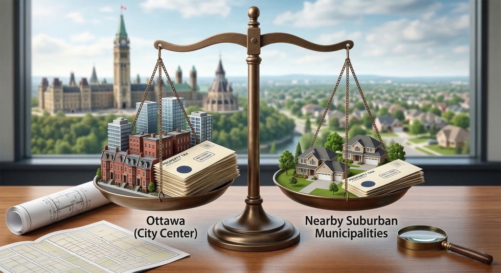 A detailed financial breakdown comparing property taxes in Ottawa vs nearby suburban municipalities to help prospective homebuyers calculate long-term relocation costs.