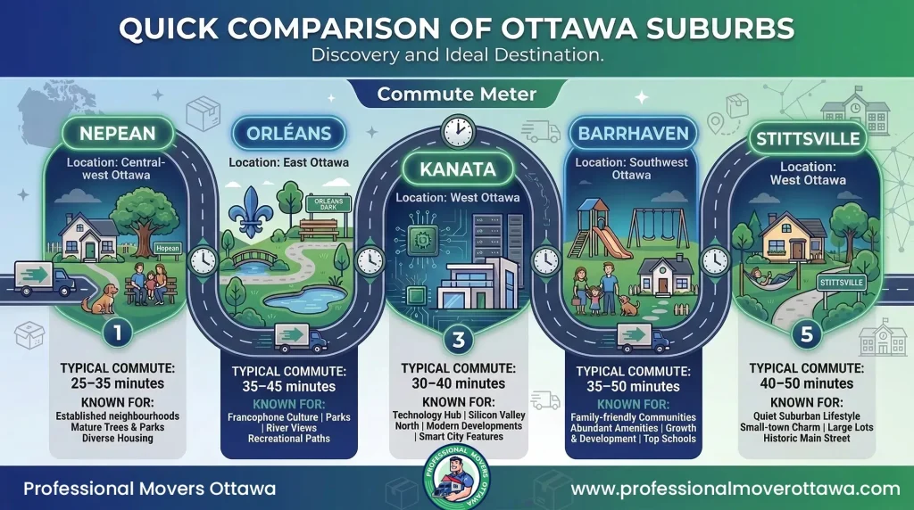 A detailed comparison of the best Affordable Commuter Towns Near Ottawa, highlighting housing prices, community amenities, and transit routes for daily travelers.