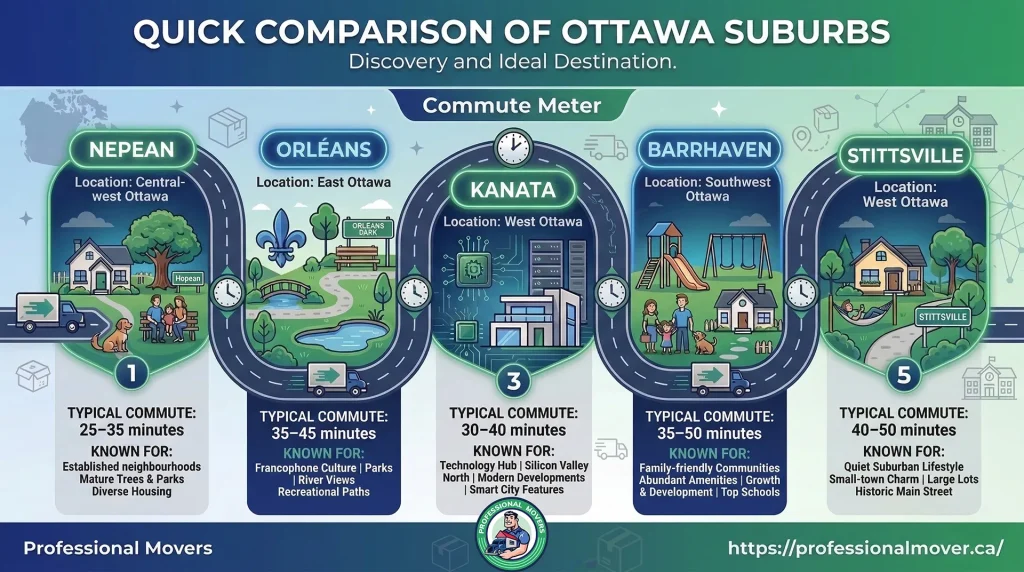A helpful real estate guide providing a Quick Comparison of Ottawa Suburbs based on housing affordability, commute times, and family-friendly amenities.