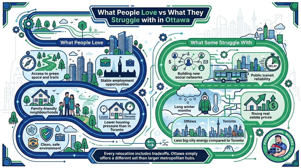 A comprehensive lifestyle comparison highlighting What People Love vs What They Struggle with in Ottawa to help new residents and professionals prepare for their relocation.