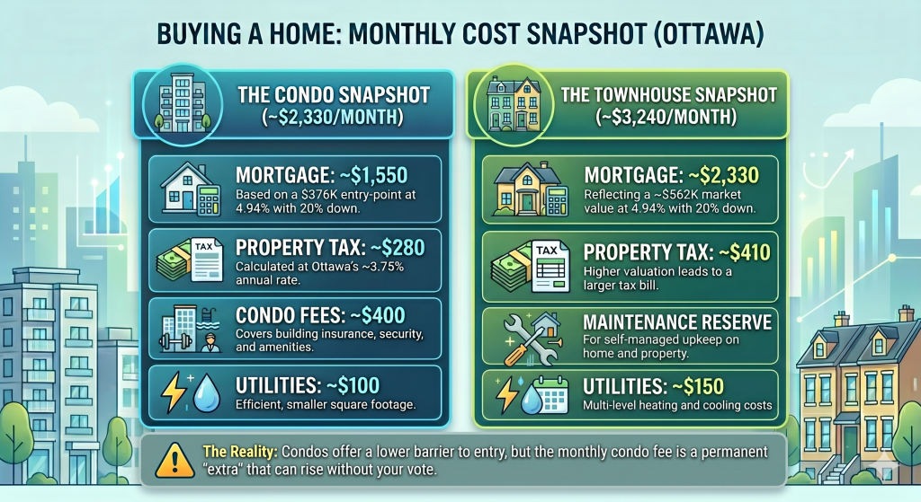 Strategic financial analysis detailing the exact monthly cost breakdown condo vs townhouse Ottawa to help residents navigate 2026 living expenses and relocation logistics.