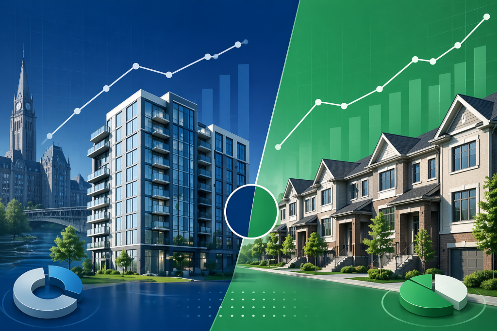 Strategic real estate market analysis detailing living costs and housing affordability through a direct comparison of Ottawa condo vs townhouse prices in 2026.