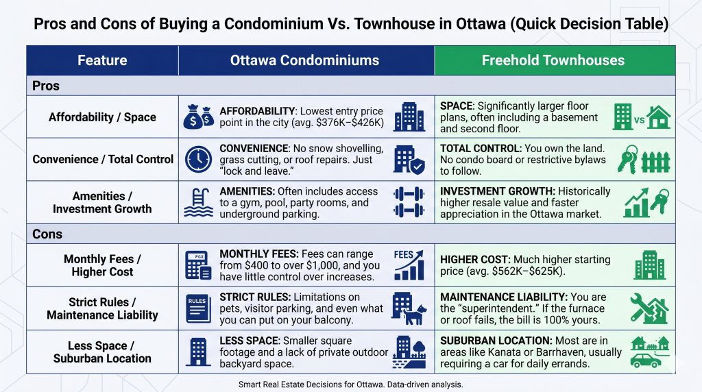Strategic real estate market comparison outlining the pros and cons of buying a condominium vs. townhouse in Ottawa to guide 2026 relocation planning and property investment decisions.