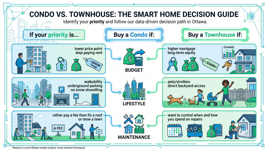 Strategic real estate investment guide analyzing lifestyle factors and maintenance fees to answer whether you should buy a condo or townhouse in Ottawa.