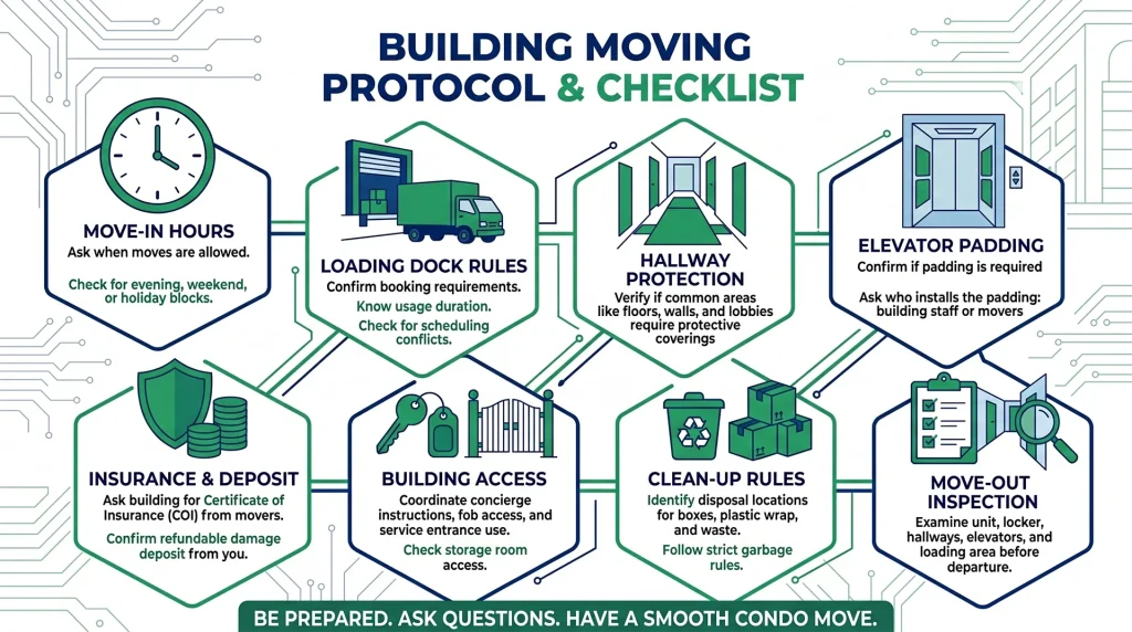 Strategic property management framework detailing strata compliance and a comprehensive Building Moving Protocol checklist for secure high-rise residential relocations.