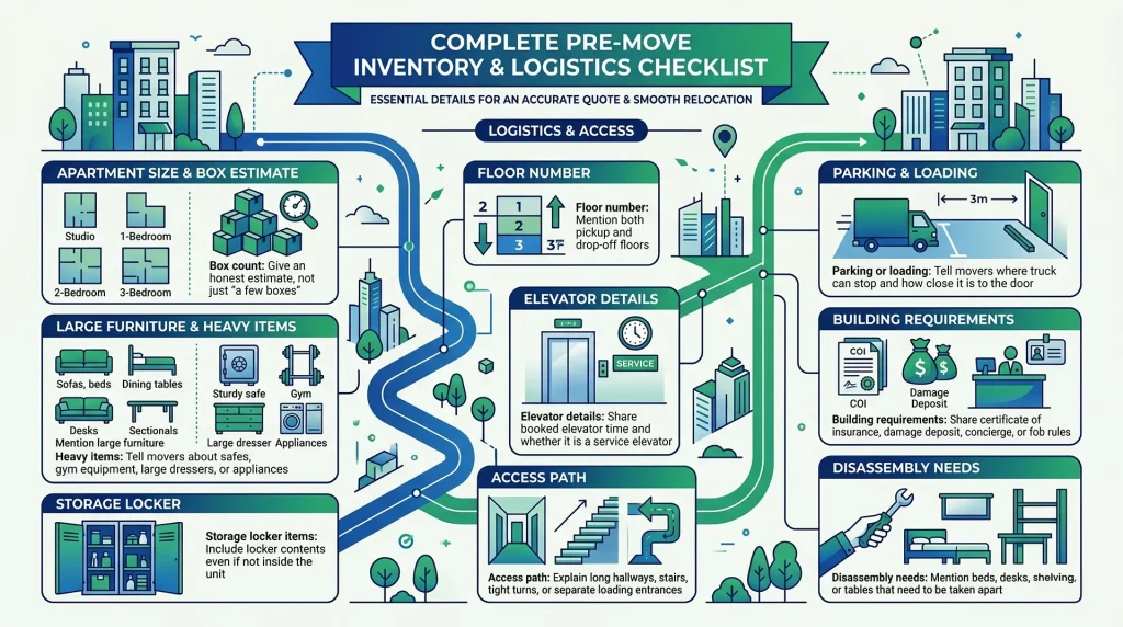 Strategic residential logistics checklist outlining What Details Should You Give Movers Before Booking to guarantee accurate estimate generation and seamless property access.