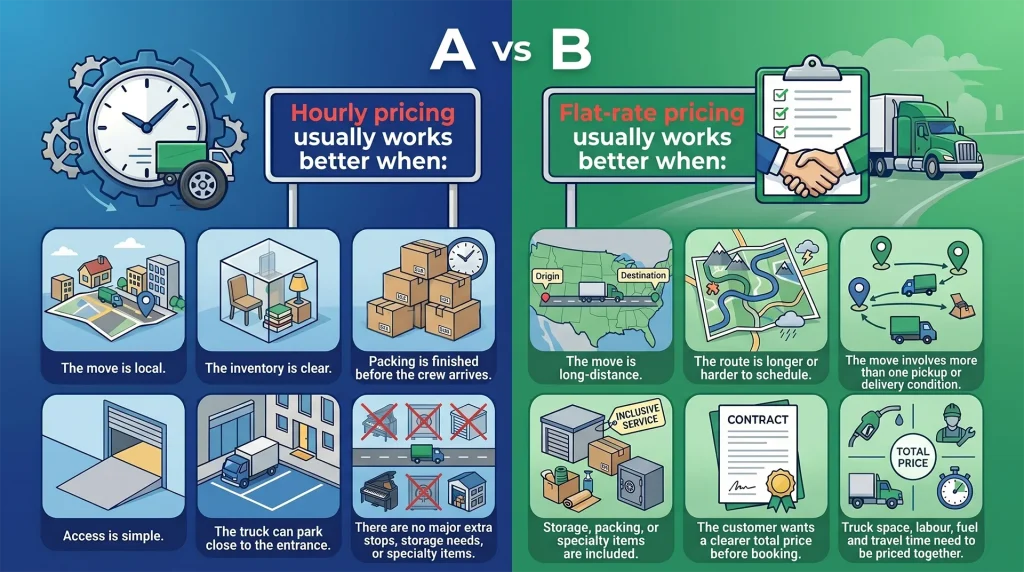 Flat rate vs hourly pricing for better moving cost planning.