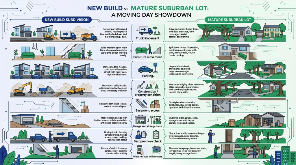Comparing moving challenges for new builds and mature suburban lots.