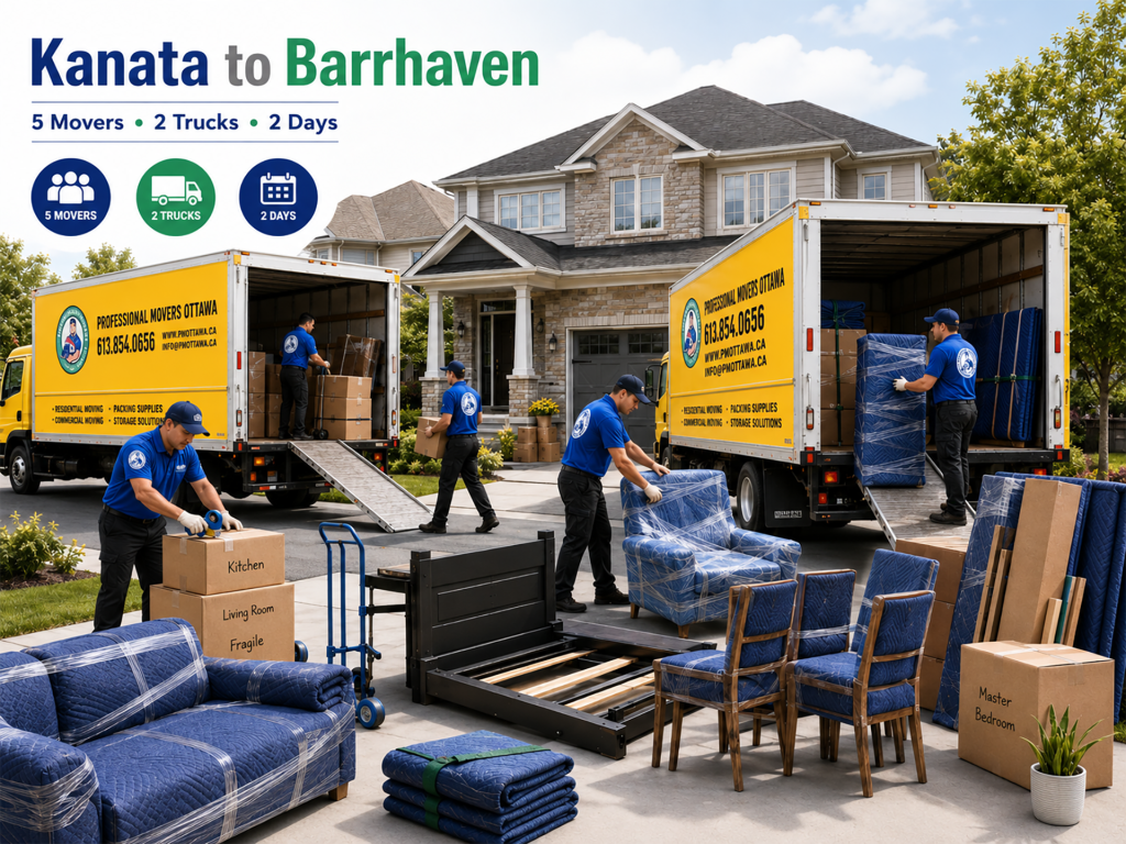 Five movers loading furniture into two trucks outside a large Ottawa home