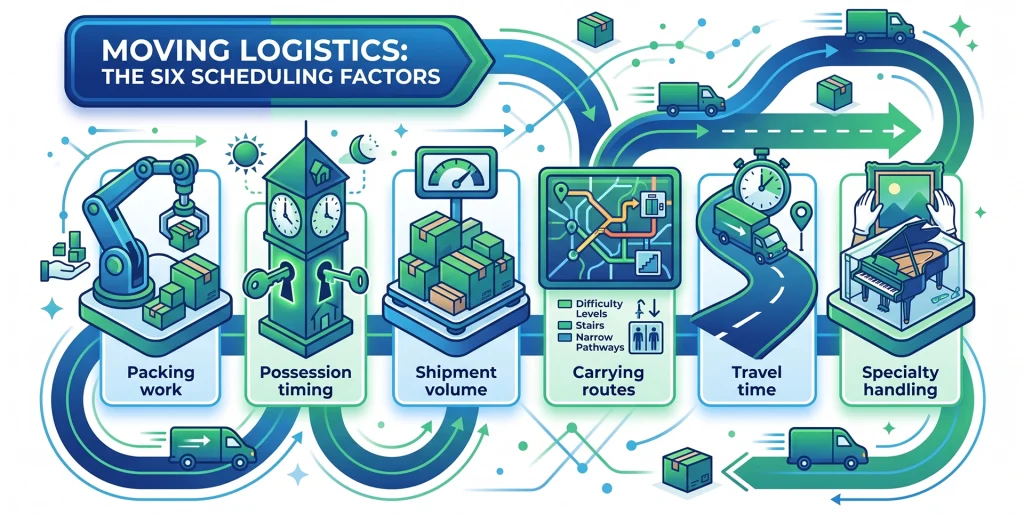 Infographic showing six factors that shape a large-home moving schedule